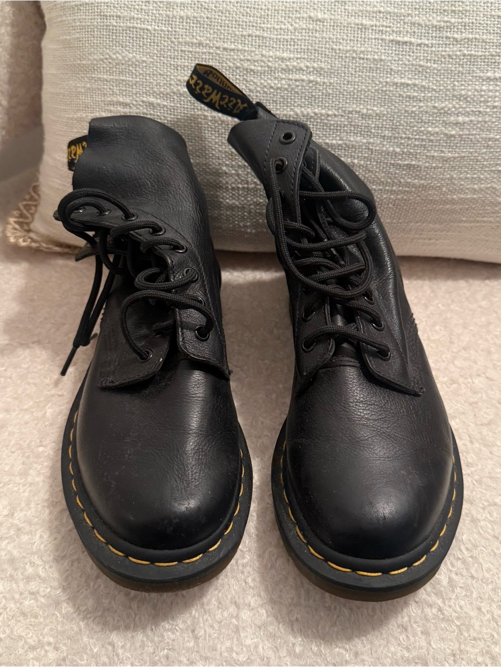 Dr. Martens Black Leather Lace-Up Boots with Yellow Welt Stitching